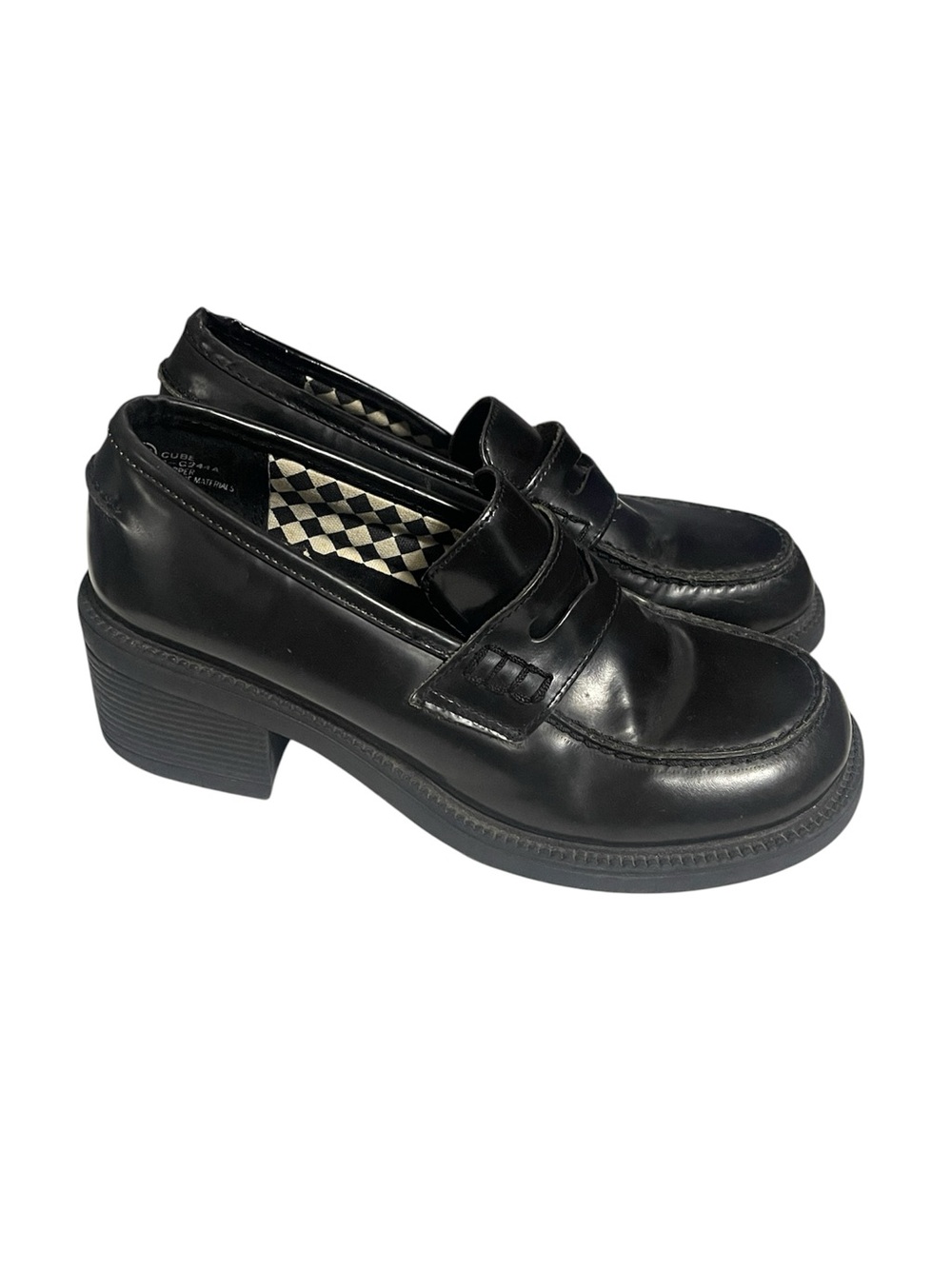 Y2K Zodiac Black Leather Block Heel Penny Loafers